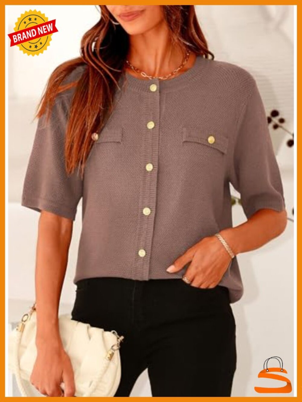 Women's Casual Short Sleeve Button Down Shirt - Ribbed Knit Blouse Top - Picture 2 of 6